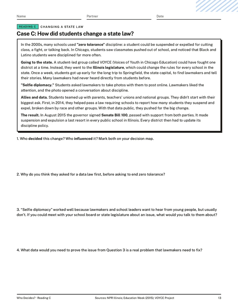Case C handout: how did students change a state law? A reading with questions