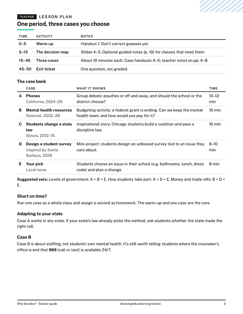 Lesson plan page: a 50-minute timeline and the case bank
